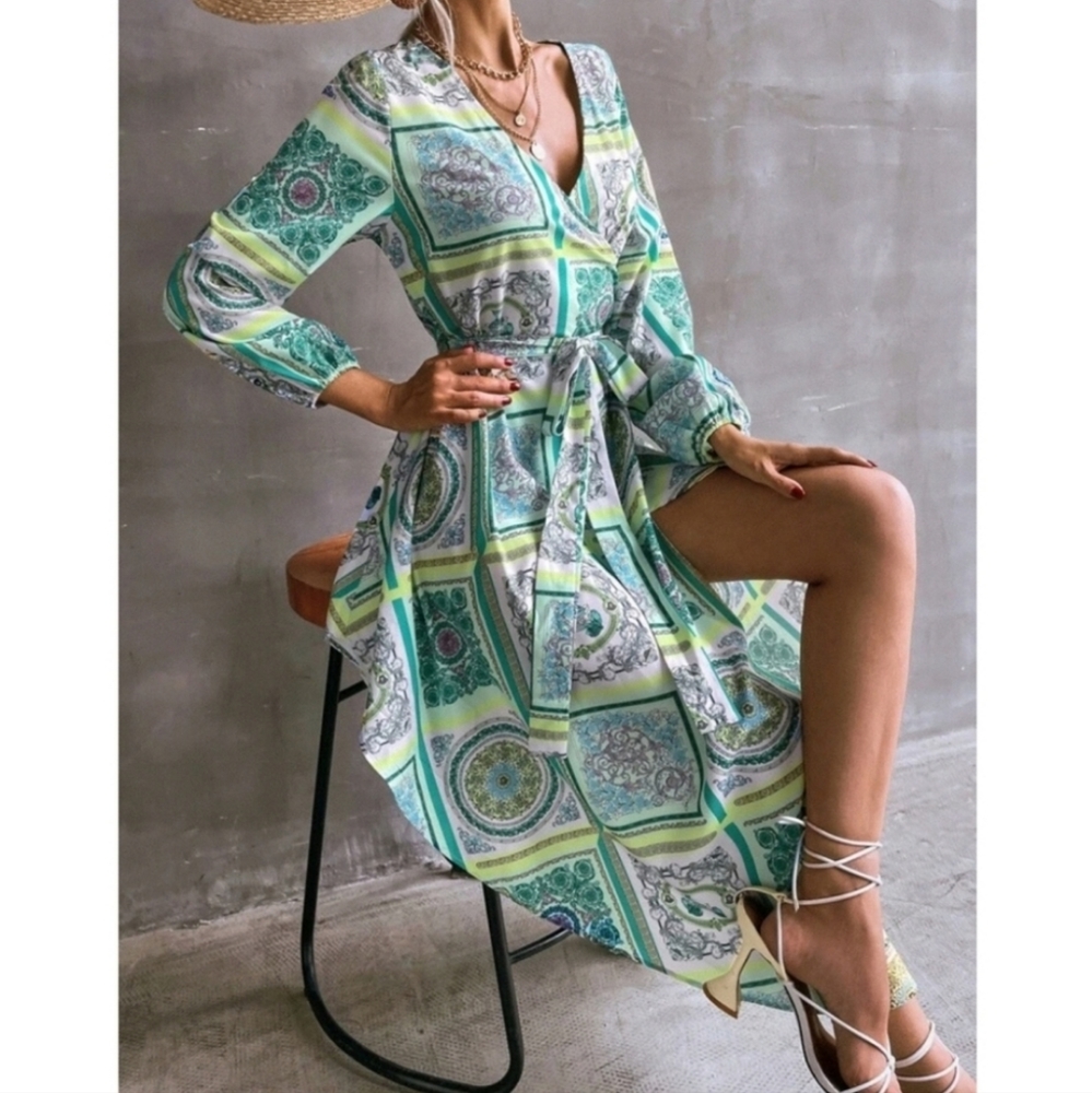 Boho Bishop Sleeves V Neck Belted Dress